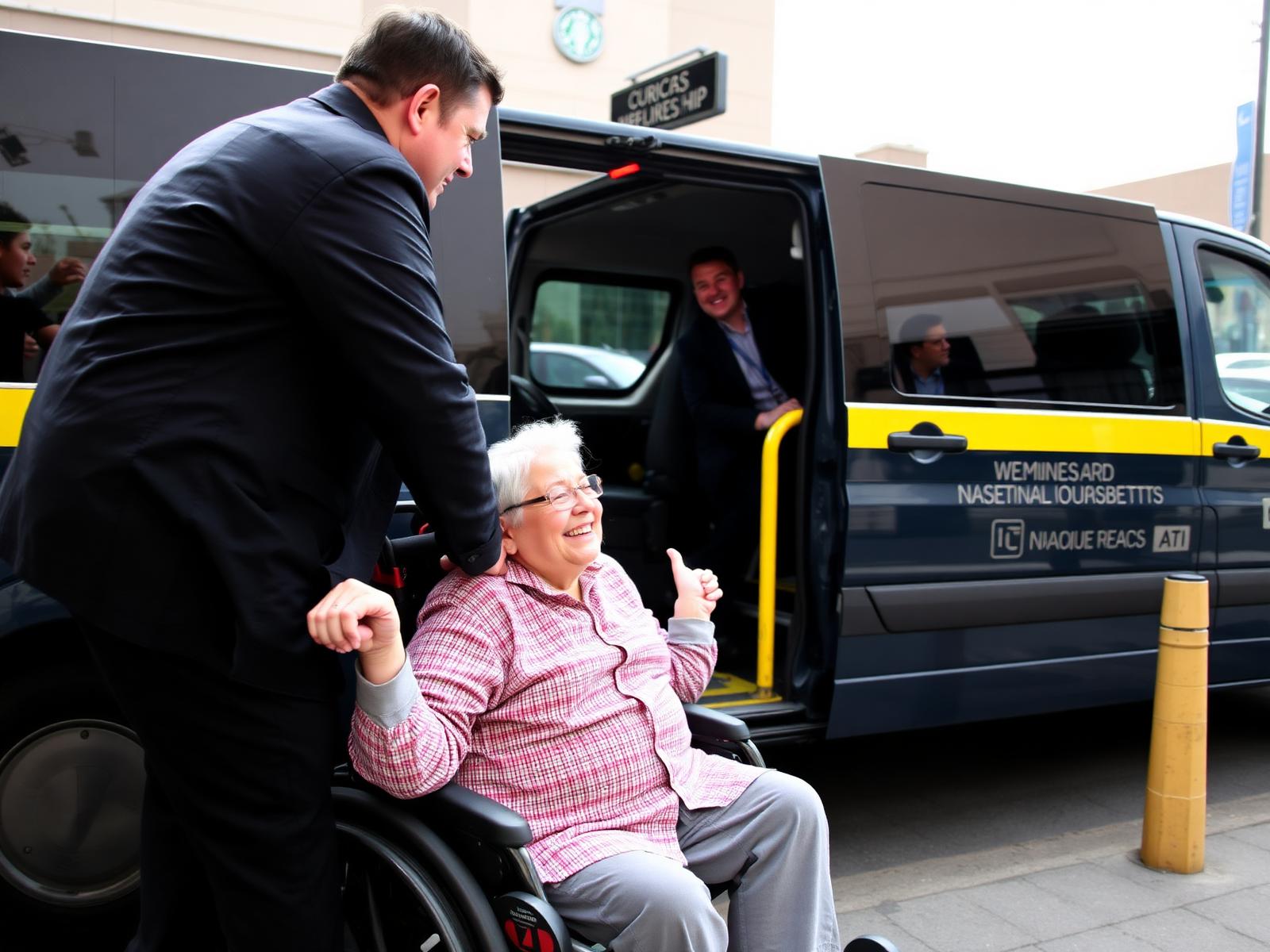 Driver helping a wheelchair user board an accessible taxi